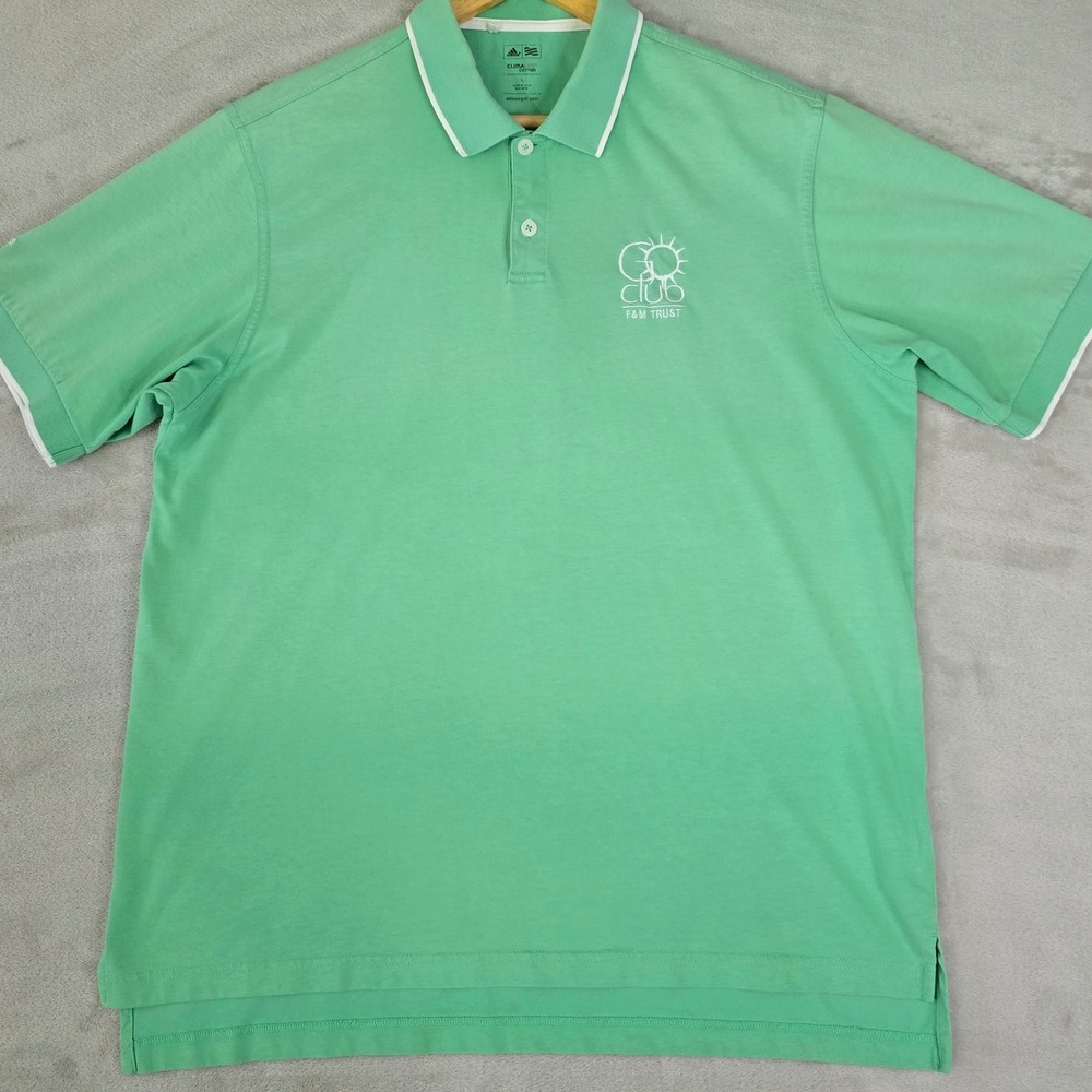 Adidas Mens Green Large ClimaLite Cotton Polo Shirt F&M Trust Logo‎